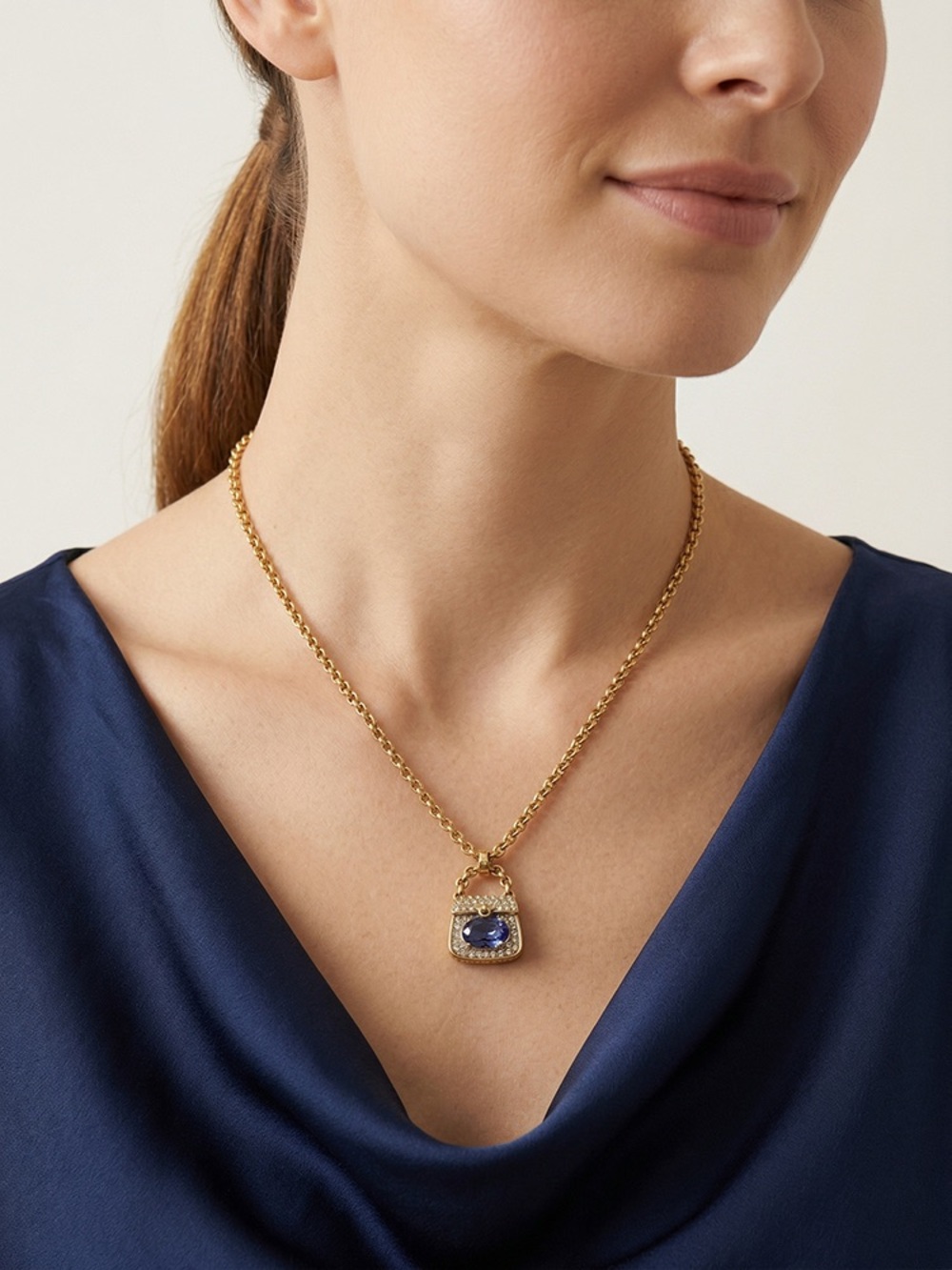 Gold Chain Necklace with Blue Gemstone Pendant
